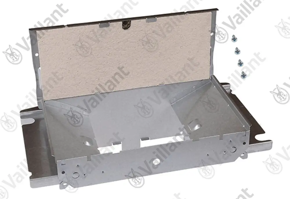 Vaillant Isolierdeckel aus Metall mit einer isolierenden Rückwand und mehreren Schrauben, strukturiert für den Einsatz in Heizsystemen.